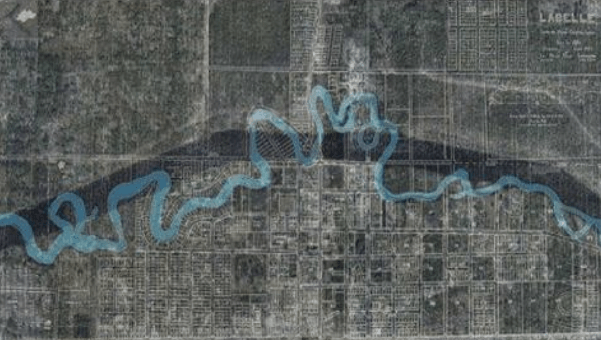 C-43: The map shows the area around LaBelle and how the quiet meandering Caloosahatchee River was dredged into a trench- a canal merely for the conveyance of excess water- 
