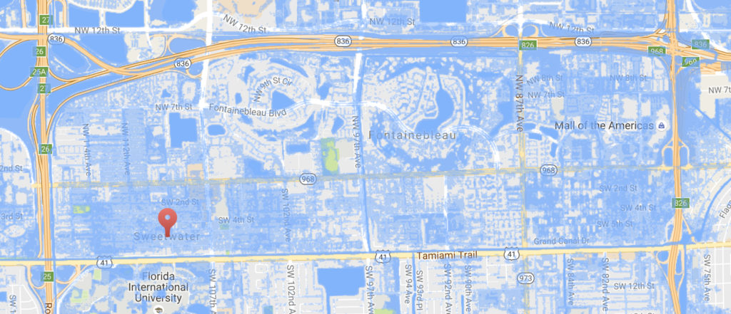 City of Sweetwater submerged beneath a 6 foot sea level rise.
