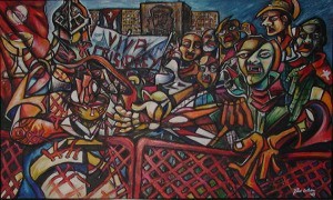 Comunión en la Plaza, 53″ x 86," acrylic on canvas, 1998
