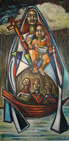 Estampita de La Virgen de la Caridad del Cobre, 48″ x 24," oil on canvas, 2000.